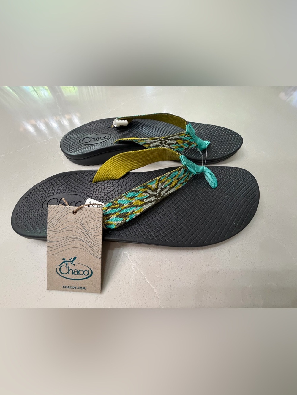 Chaco Flare Caribbean Classic Flip Woven Strap Sandals in Teal/Olive /Yellow, 12